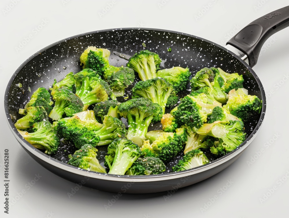 Crisp, fresh broccoli florets being sautéed in a black non-stick frying pan on a white background Crisp, fresh broccoli florets being sautéed in a black non-stick frying pan on a white background