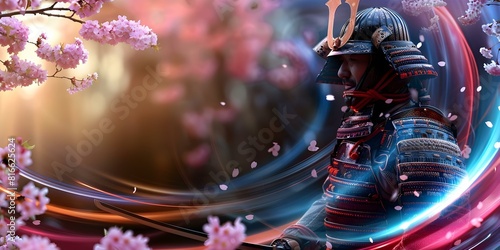 Traditional samurai warrior stands tall in armor with sword against cherry blossom. Concept Samurai Warrior, Armor, Sword, Cherry Blossom, Traditional Costume