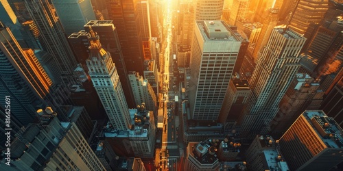 An aerial view of a financial district during sunset photo