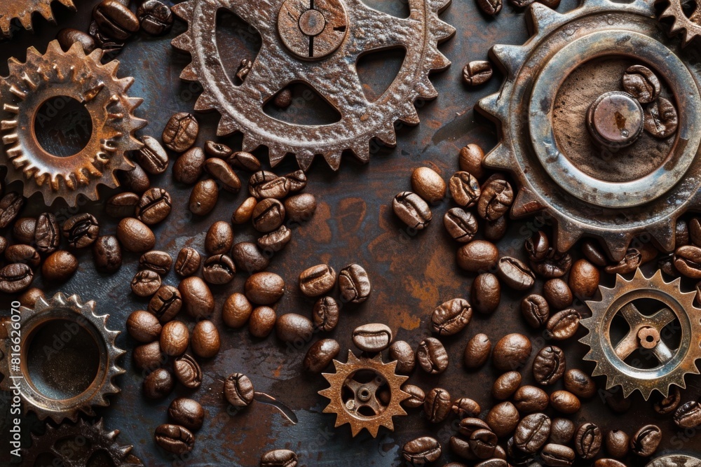 A conceptual illustration of coffee beans transforming into gears, representing the inner workings of coffee culture A conceptual illustration of coffee beans transforming into gears, representing the inner workings of coffee culture