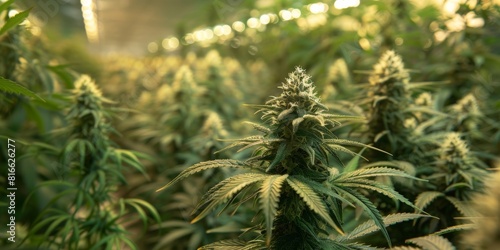 An indoor cannabis farm during the flowering phase, highlighting the dense canopy of buds.