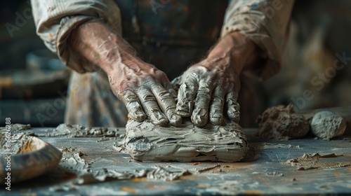 Close-up of a potter's hands shaping clay on a spinning pottery wheel, showing detail and texture © Vuk