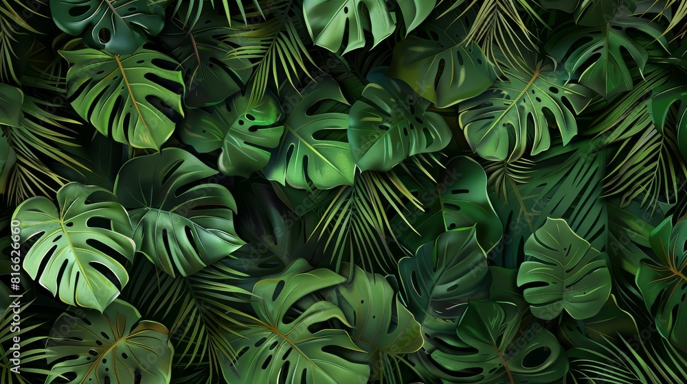 Fototapeta premium Monstera green leaves or Monstera Deliciosa in dark tones luscious green, background or green leafy tropical pine forest patterns for creative design elements