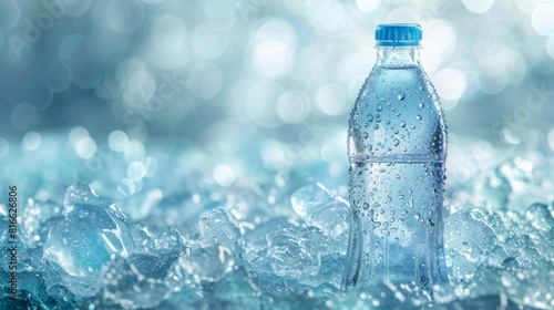 Water bottle on ice with bokeh background, in the light blue color tone