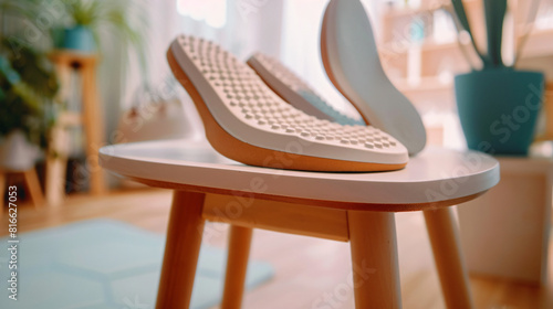 Orthopedic insoles on stool in room closeup photo