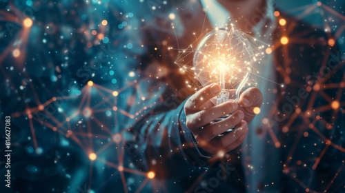 Engaging stock images portraying a businessman holding a light bulb linked to the future internet, illustrating how creativity and new innovations are integral to business prosperity. photo