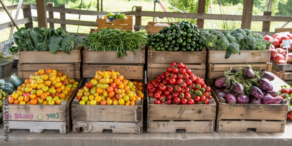 An organic farm market display overflowing with fresh produce.
