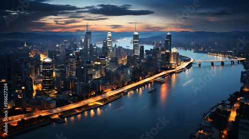 Aerial city  view of a captivating night skyline with high-rise buildings