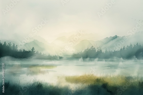 A delicate watercolor painting of a serene landscape, capturing the subtle beauty of nature