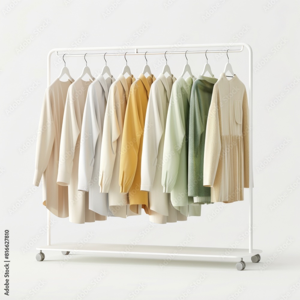 White clothes rack displaying various colored shirts White clothes rack displaying various colored shirts