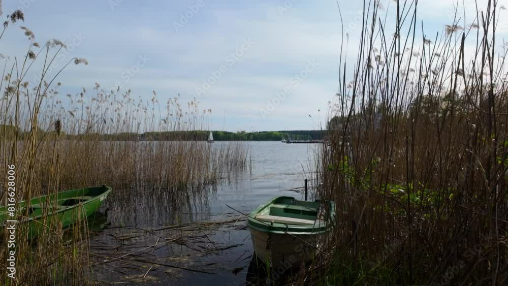 Two small green boats are nestled among tall reeds by the lakeside, with a calm lake and a distant sailboat in the background. Two small green boats are nestled among tall reeds by the lakeside, with a calm lake and a distant sailboat in the background.