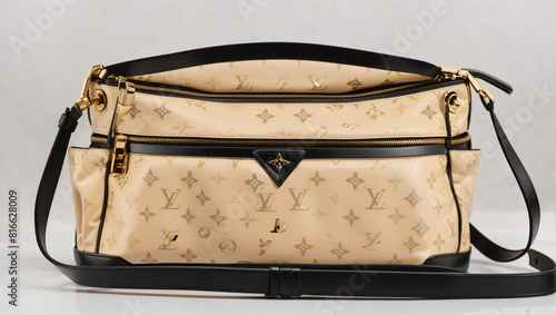 This is a brown Louis Vuitton handbag with black handles and a long strap. The bag has a black and brown checkered pattern and a brown leather tag with a Louis Vuitton logo on it.

