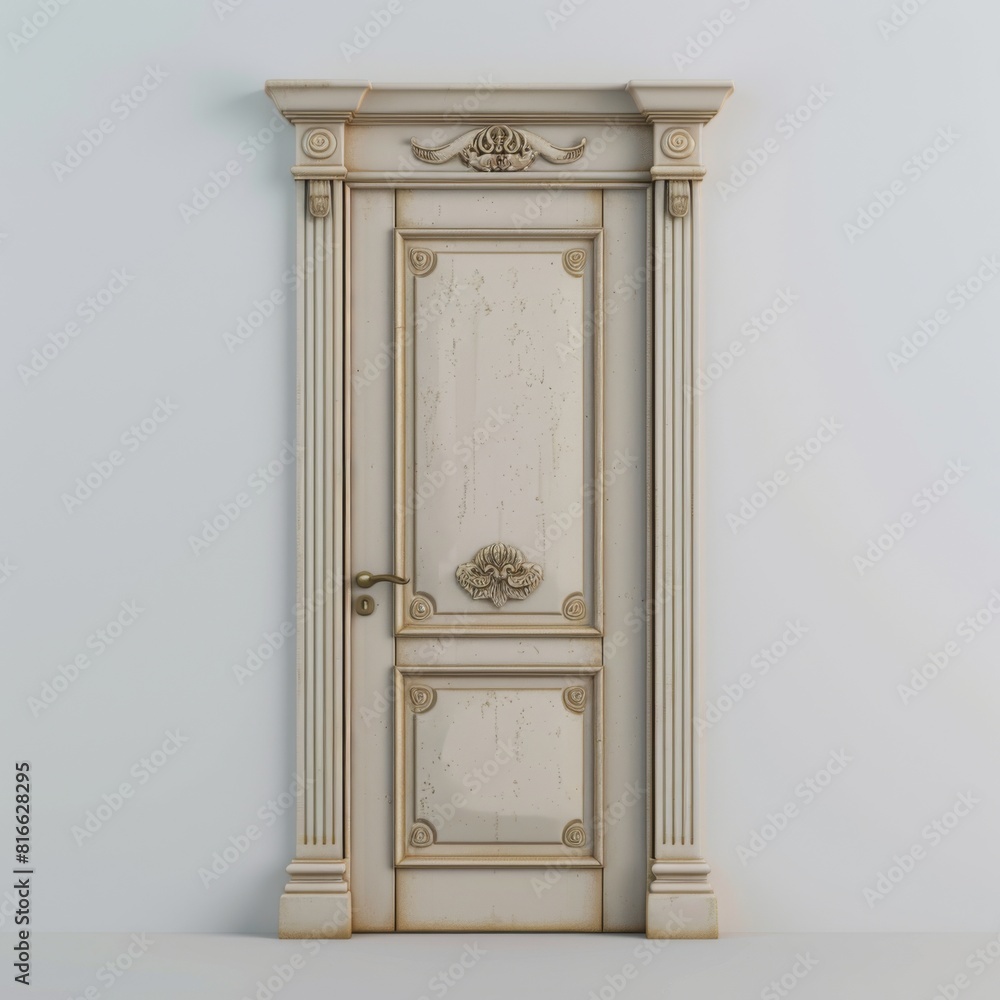 Realistic 3D rendering of an ornate wooden door isolated on a white background Realistic 3D rendering of an ornate wooden door isolated on a white background