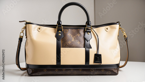 This is a brown Louis Vuitton handbag with black handles and a long strap. The bag has a black and brown checkered pattern and a brown leather tag with a Louis Vuitton logo on it.

