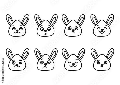 Hare, bunny head different facial expressions, line doodle character set. Hand drawn outline emotion on rabbit face. Happy, angry, sad and other mood. Vector illustration