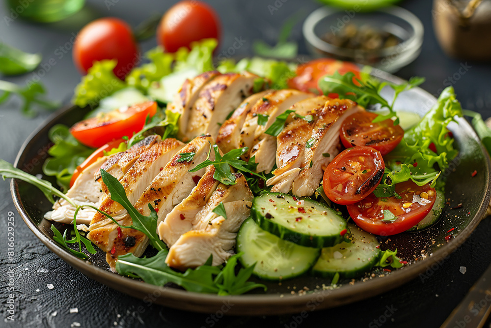 Grilled chicken breast slices on a bed of fresh greens with tomatoes and cucumbers Grilled chicken breast slices on a bed of fresh greens with tomatoes and cucumbers