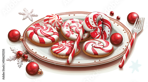 Plate with tasty candy cane cookies and Christmas bal photo