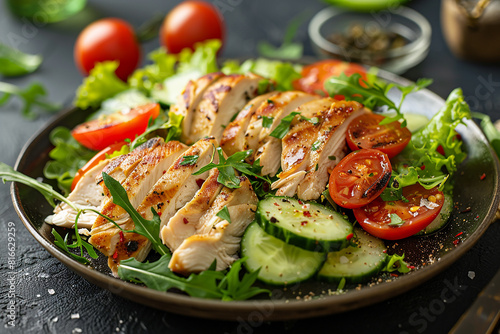 Grilled chicken breast slices on a bed of fresh greens with tomatoes and cucumbers