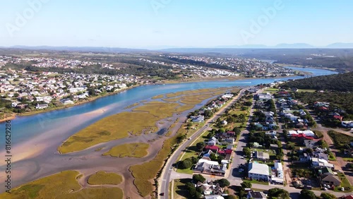 Aerial tilt-up view over Stilbaai east along stunning Goukou river estuary photo