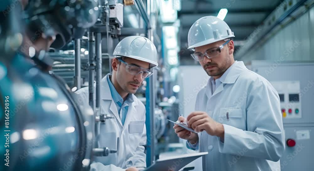 analyzing large capacitors in electronics laboratory, taking notes on digital tablet. analyzing large capacitors in electronics laboratory, taking notes on digital tablet.