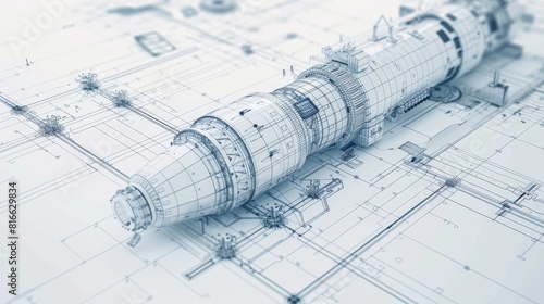 Detailed wireframe of a spacecraft, aerospace engineering, complex systems