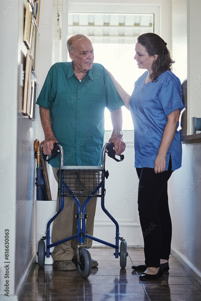 Senior man, walker and support with nurse for physiotherapy, healthcare or trust at old age home. Woman, medical caregiver or volunteer helping or talking to person with a disability in retirement Senior man, walker and support with nurse for physiotherapy, healthcare or trust at old age home. Woman, medical caregiver or volunteer helping or talking to person with a disability in retirement