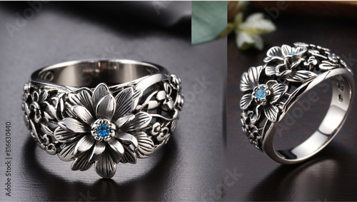 This is a ring made of silver. The ring has a flower design with five petals. There is a blue stone in the middle of the flower.

