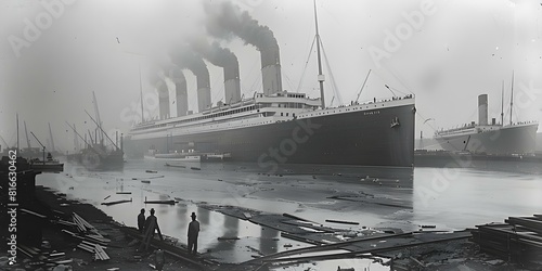 Vintage black and white photo of Titanics construction in 1910. Concept Titanic, History, Construction, Vintage, Black and White
