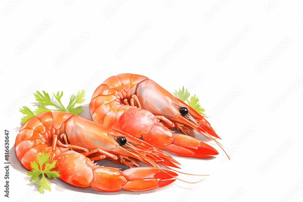 Two shrimps with parsley on a white background. Two shrimps with parsley on a white background.