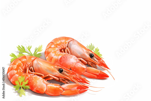 Two shrimps with parsley on a white background.