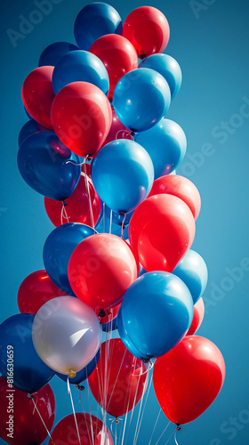 Cluster of red, white, and blue balloons against a clear sky, ideal for festive events and patriotic celebrations.