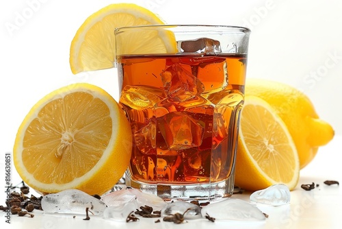 Classic and simple black tea in tall glass with lemon slice, set against a white background