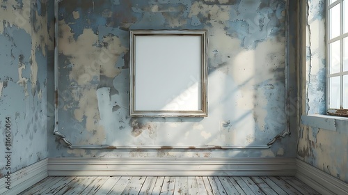 The image shows an empty room with a blank frame on the wall