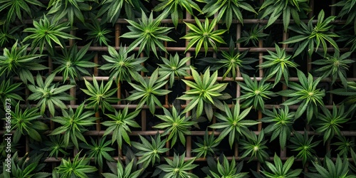 Cannabis plants arranged in a lattice pattern  viewed from above  emphasizing symmetry and order.
