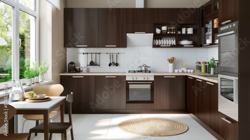 Modern Kitchen with Wooden Cabinets and Functional Layout in a Contemporary Style  Featuring Dark Wood and White for a Warm and Inviting Culinary Space