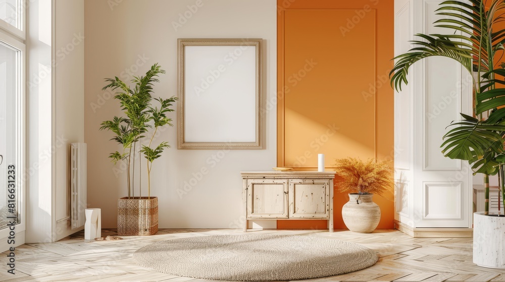 Fototapeta premium Modern Living Room with Orange Accent Wall and Cozy Furniture in a Contemporary Style, Featuring Bright Orange and Light Beige for a Warm and Inviting Home Space