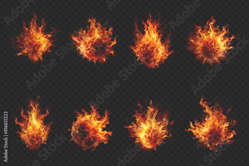 Collection flame fire. Set flame fire on a transparent background