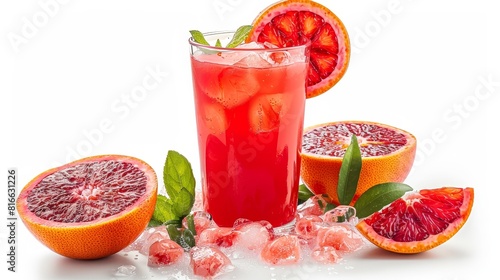 Blood orange juice in tall glass, adorned with a vibrant blood orange slice, showcases a deep red hue on a white background photo