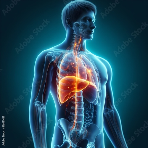 3d x-ray model of anatmoy of human body, liver, lungs, diseases, fracture bones photo