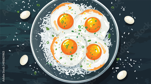 Plate with tasty eggs and rice in bowl on dark background
