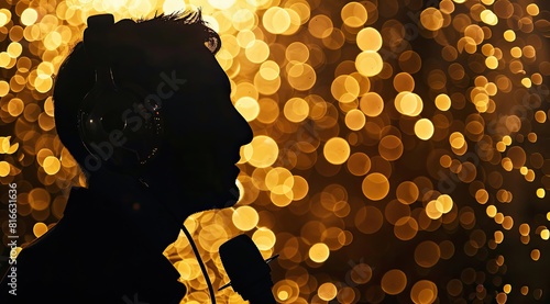 Singer performing song firely on stage closeup. Silhouette unknown man performer photo