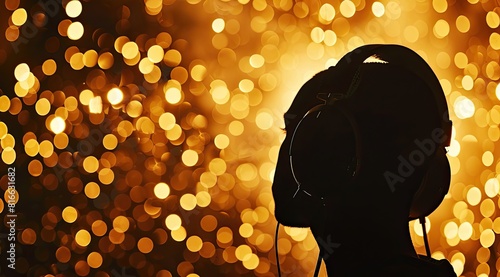 Singer performing song firely on stage closeup. Silhouette unknown man performer photo