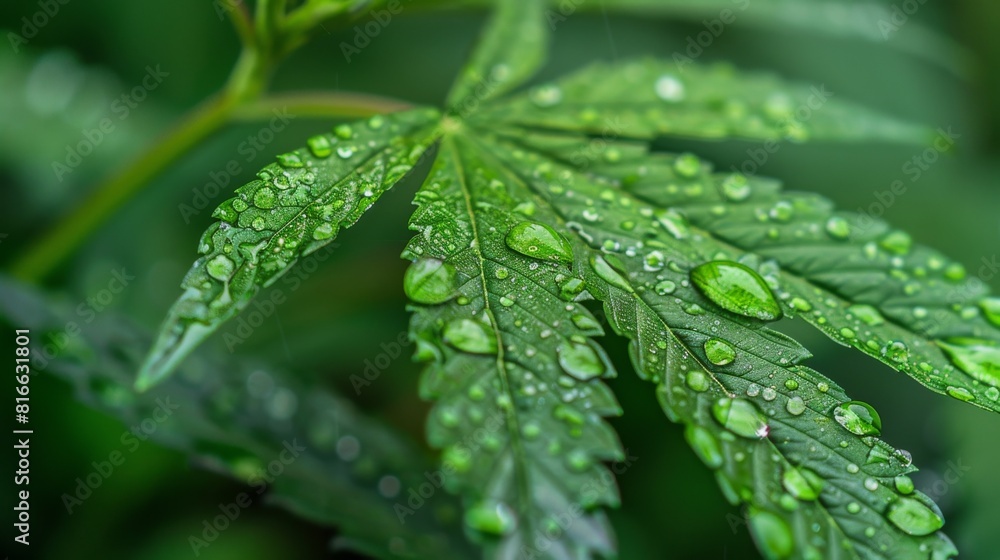 Close-up of a cannabis leaf with morning dew droplets Close-up of a cannabis leaf with morning dew droplets