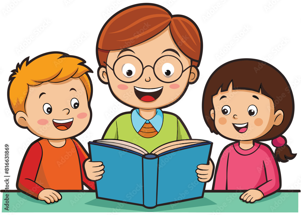 cartoon kids and teacher reading book,illustration,vector cartoon kids and teacher reading book,illustration,vector