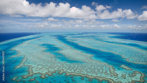 This is an aerial view of the Great Barrier Reef, a large coral reef in the Coral Sea, off the coast of Queensland, Australia.

 photo