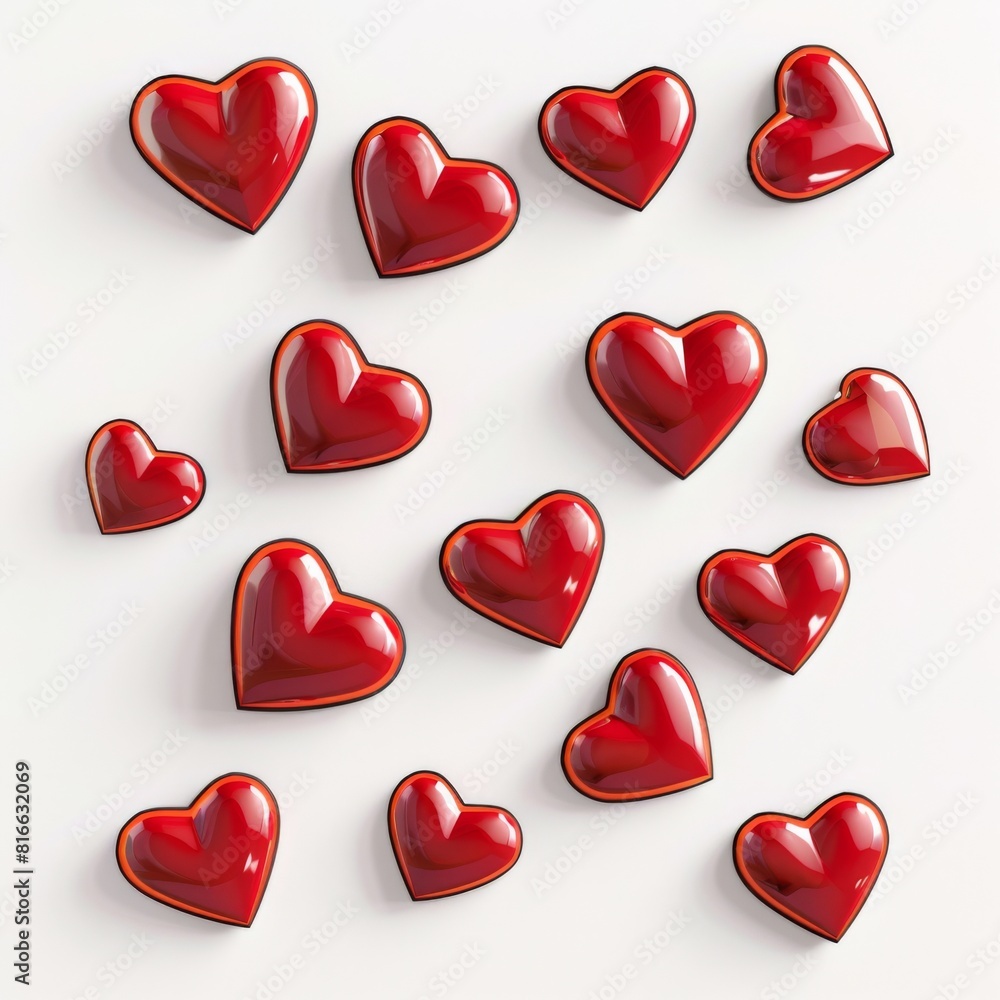 Collection of vibrant red hearts arranged on a clean white surface