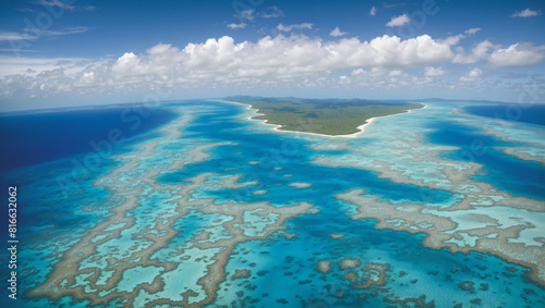 This is an aerial view of the Great Barrier Reef, a large coral reef in the Coral Sea, off the coast of Queensland, Australia.

 photo