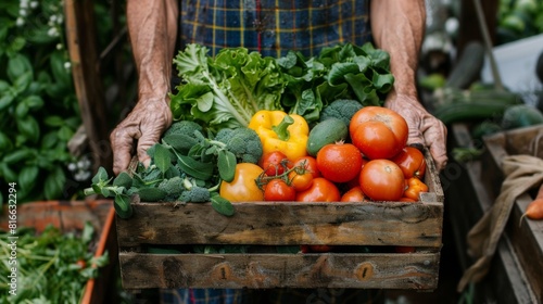 Close-up of a farmer's hands holding a wooden box filled with an assortment of fresh, healthy vegetables