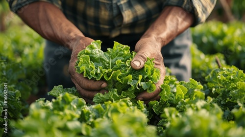 Close-up of a farmer hands using non-toxic methods to deter pests from organic lettuce. photo