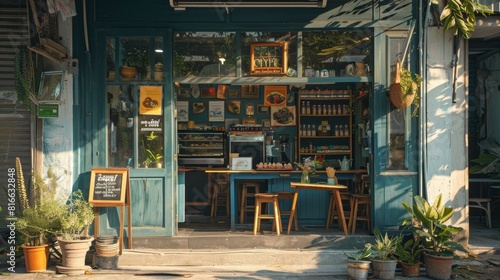 Engaging visuals of Thai coffee shop frontage blending photo